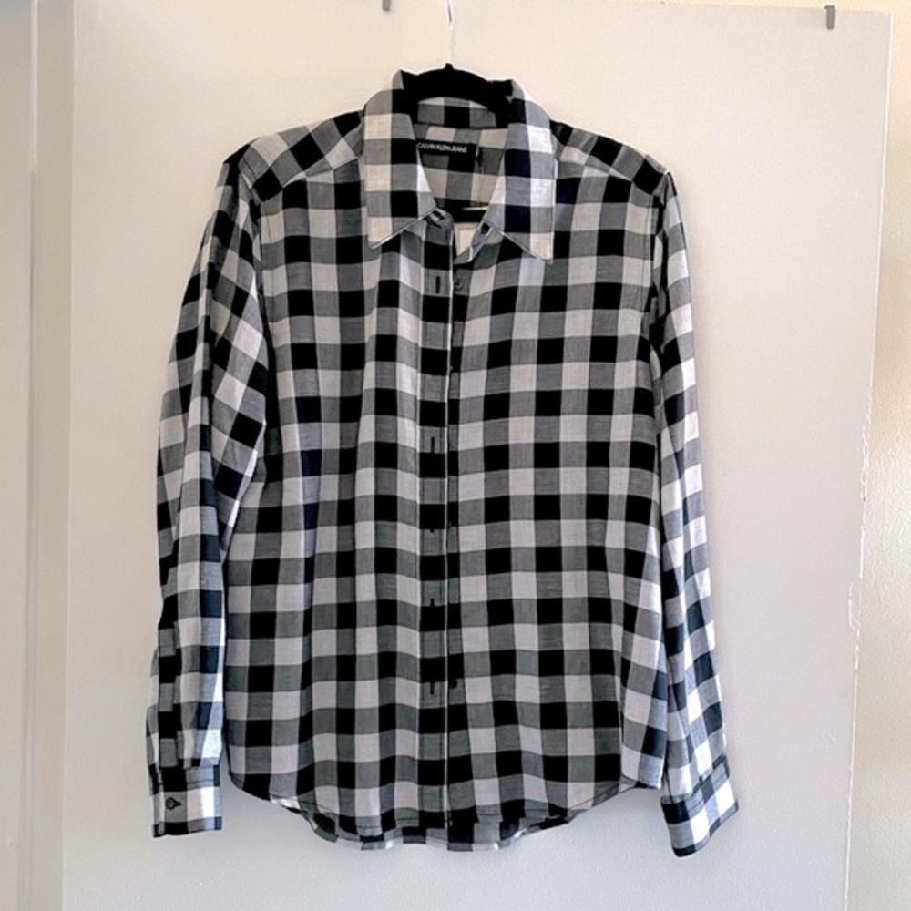 Calvin Klein Checker Print Plaid Button Down Shirt Top